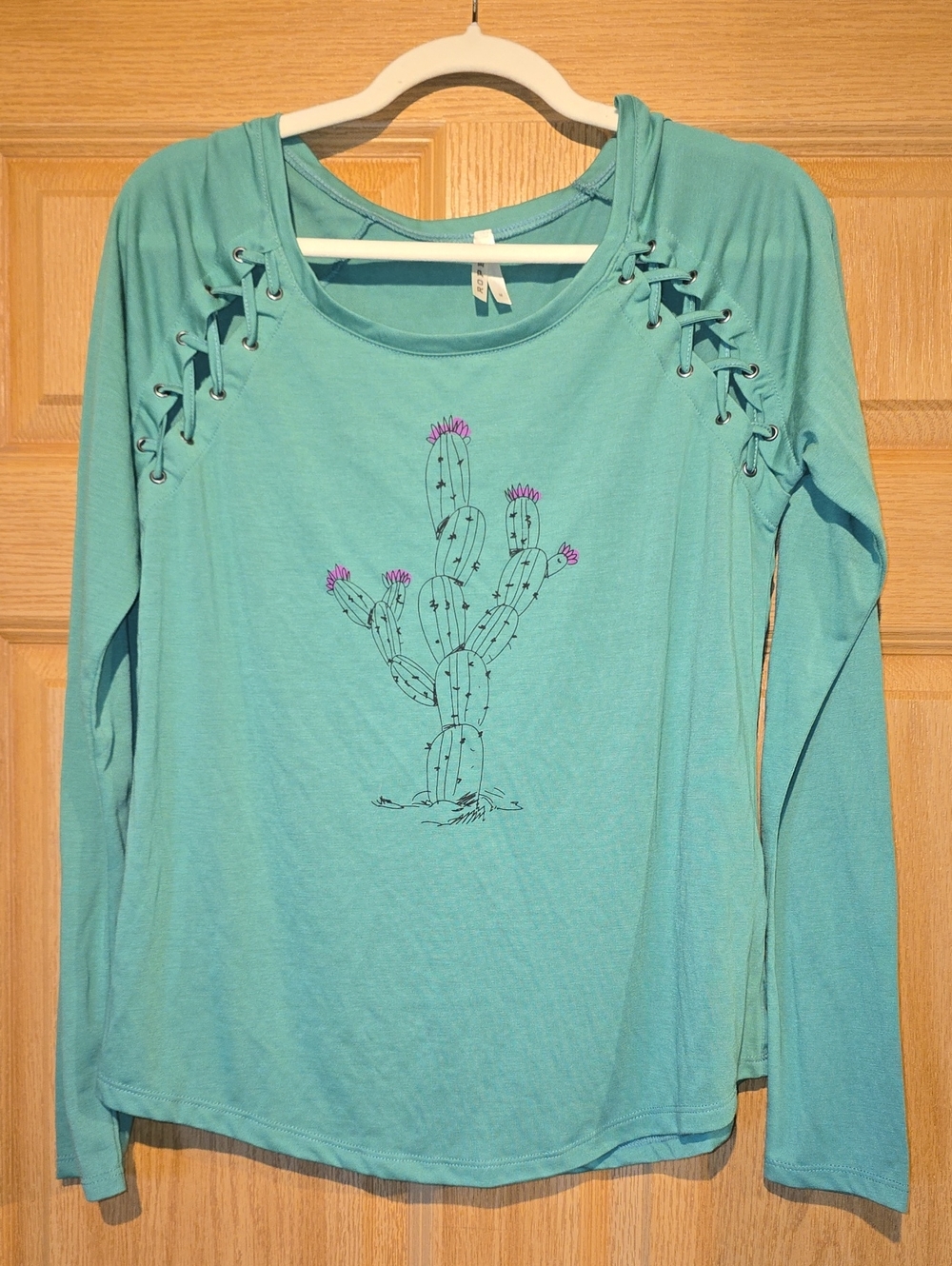 Roper Teal Lace-Up Shoulder Cactus Graphic Long Sleeve Top